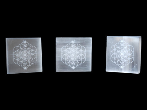 Engraved Selenite (Flower of Life & Chakra) Square Charging Plate (3x3") - Littleton Rock Shop