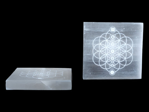 Engraved Selenite (Flower of Life & Chakra) Square Charging Plate (3x3") - Littleton Rock Shop